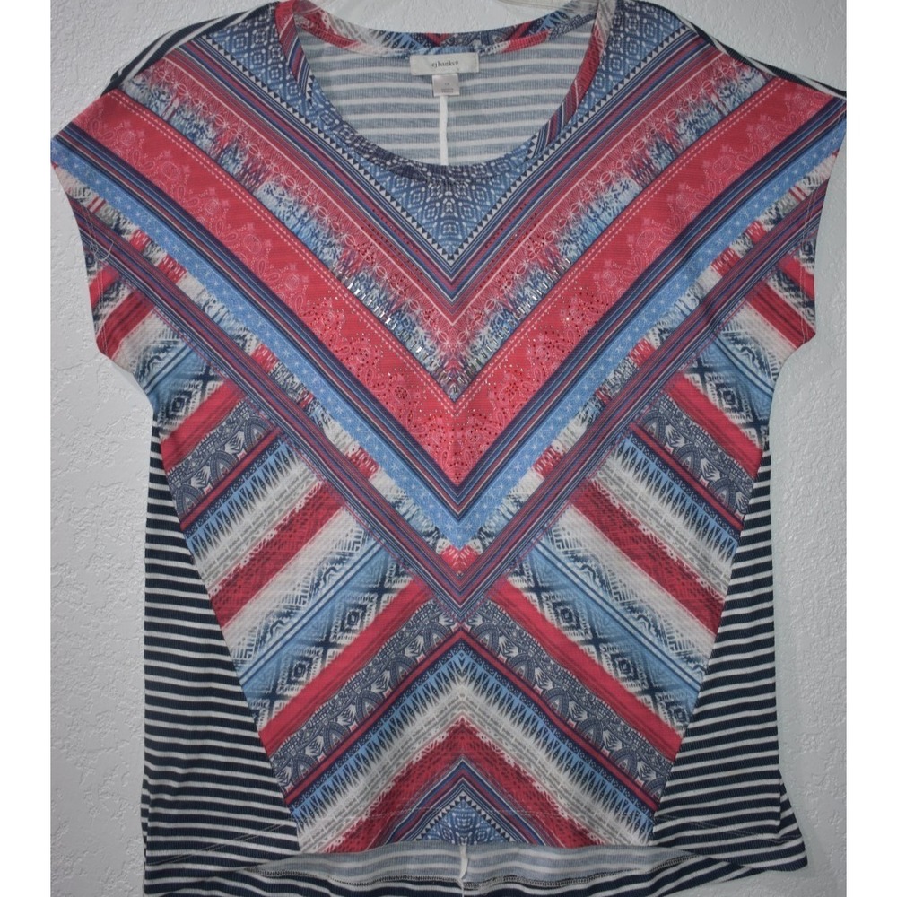 CJ Banks Top 1X Cap Sleeve Beaded Multicolor Mix Print Comfy Stretch Lightweight